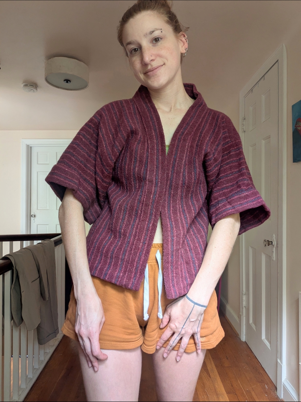 Burgundy Striped Haori Style Knit Acrylic Cardigan Sweater
